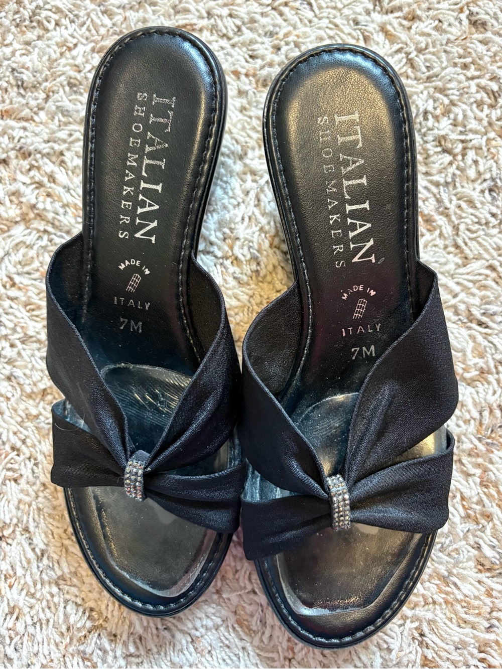 Italian Shoemakers - Women's (Sz 7) Black Wedge Rhinestone Heels Open Toe w/ Bow